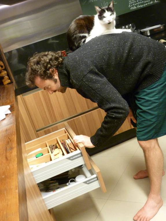 Gato descansa tranquilamente nas costas do Rafa na nossa visita a casa deles em Curitiba, no Paraná